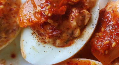 Spicy Kimchi Deviled Eggs