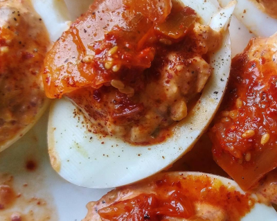 Spicy Kimchi Deviled Eggs