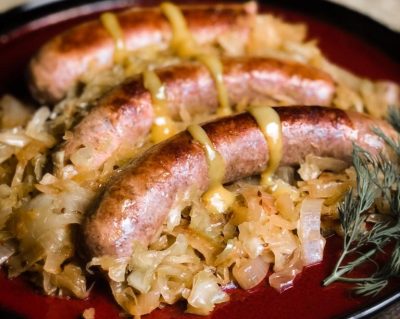 Bratwurst and sauerkraut with wildbrine kraut