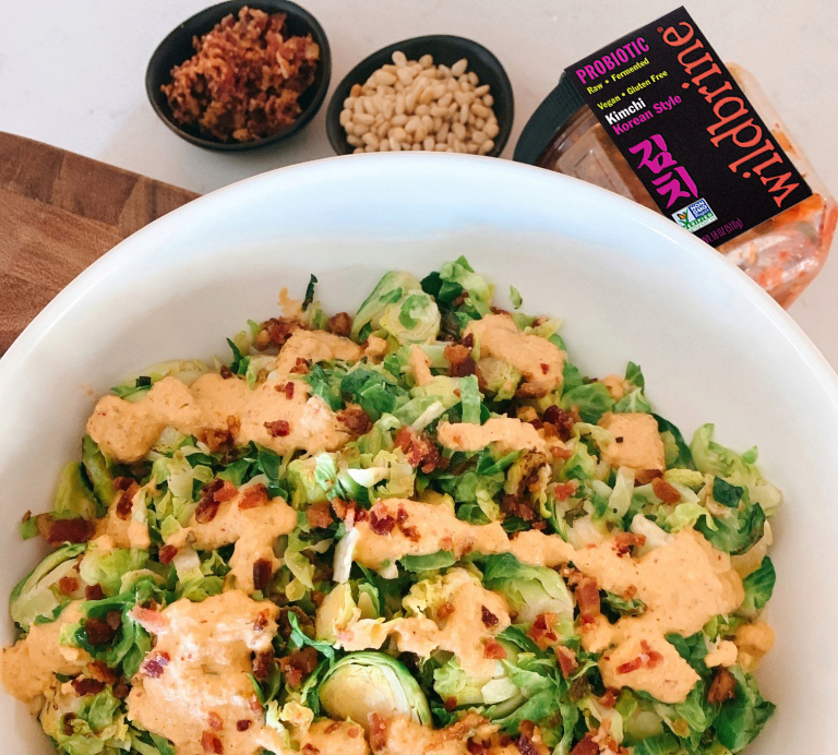 Brussel sprouts salad recipe with kimchi salad dressing