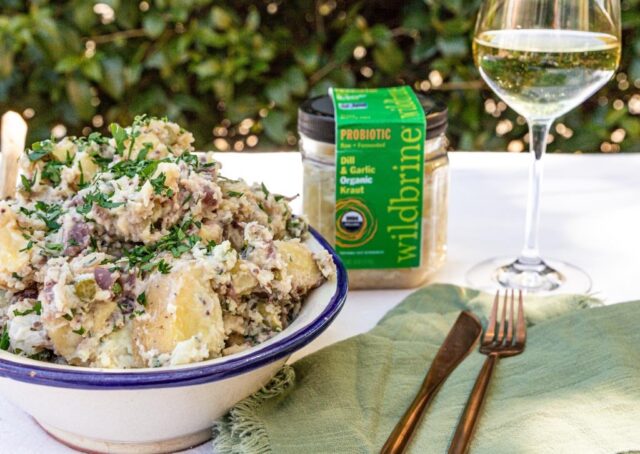 Golden Potato Salad with Candied Red Onion | wildbrine