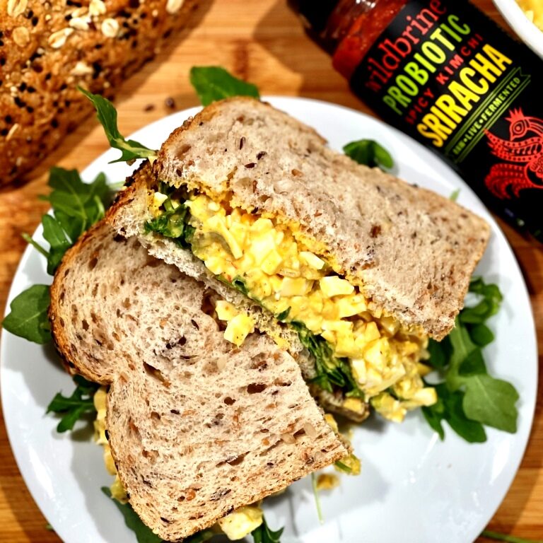egg salad sandwich with wildbrine sriracha